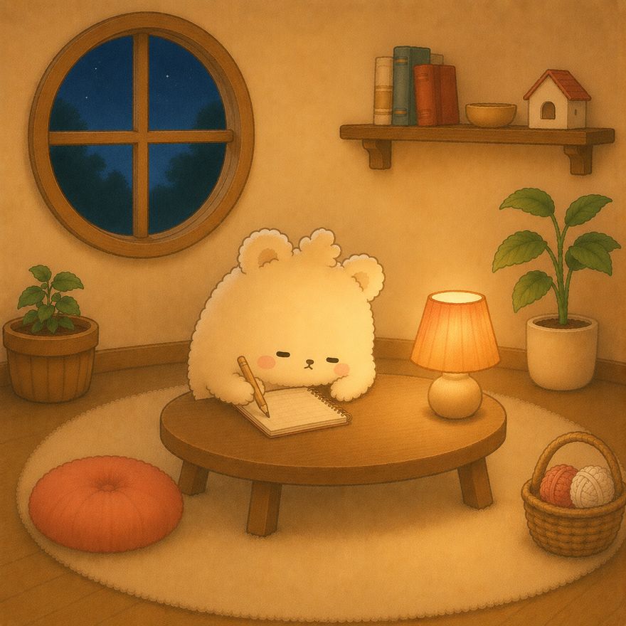 夜、机で日記を書くモフ