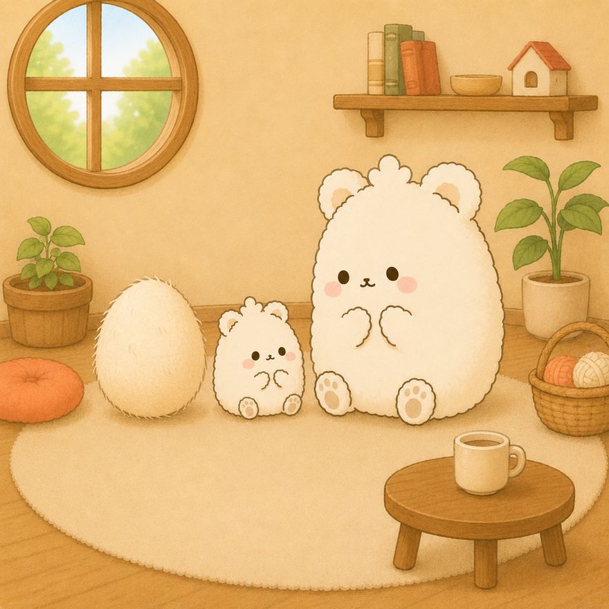 たまごとちびモフとおとなモフが並ぶ部屋