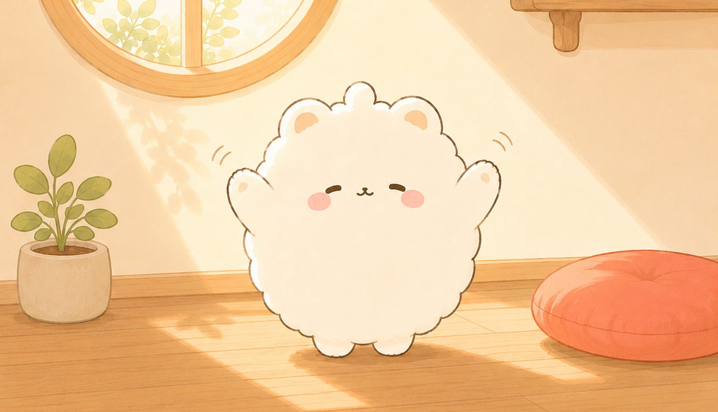 あさの部屋で、のびをするモフ